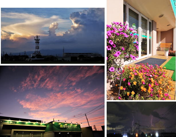 夕日の彩の丘クリニック 玄関 クリニックの夕焼け 上里町