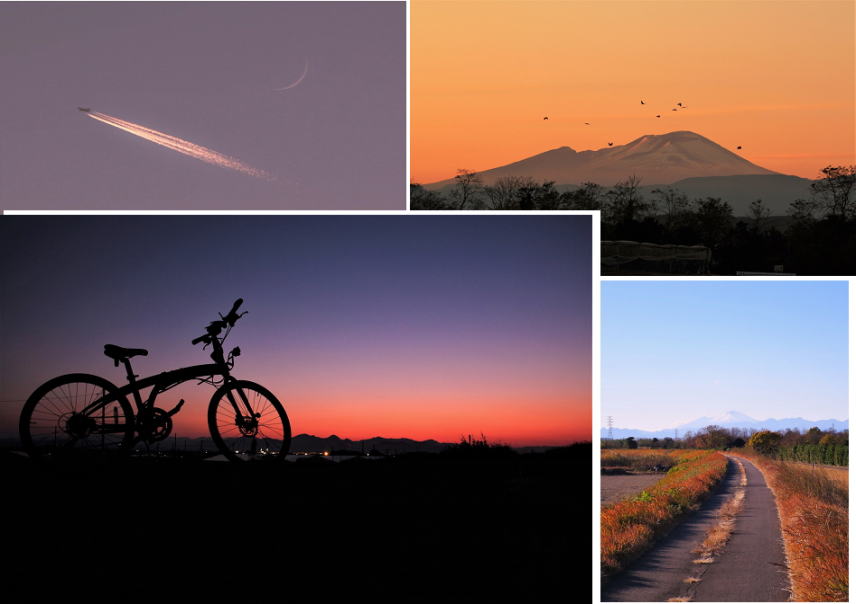 秋の夕日 ランと自転車で健康増進しましょう 上里町 夕焼け 浅間山と自転車 上里町